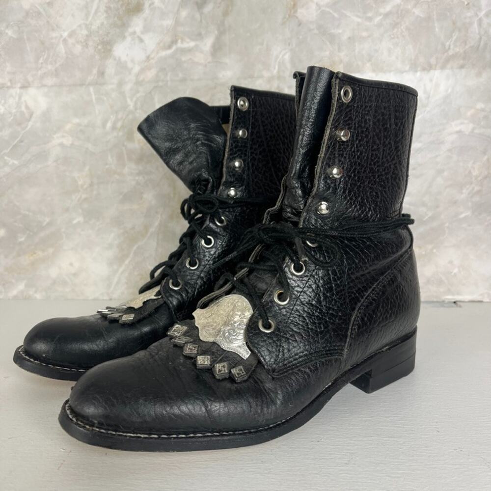 Vintage Justin Black Pebbled Leather Lace Up Roper Kiltie Western Boots Size 6 B